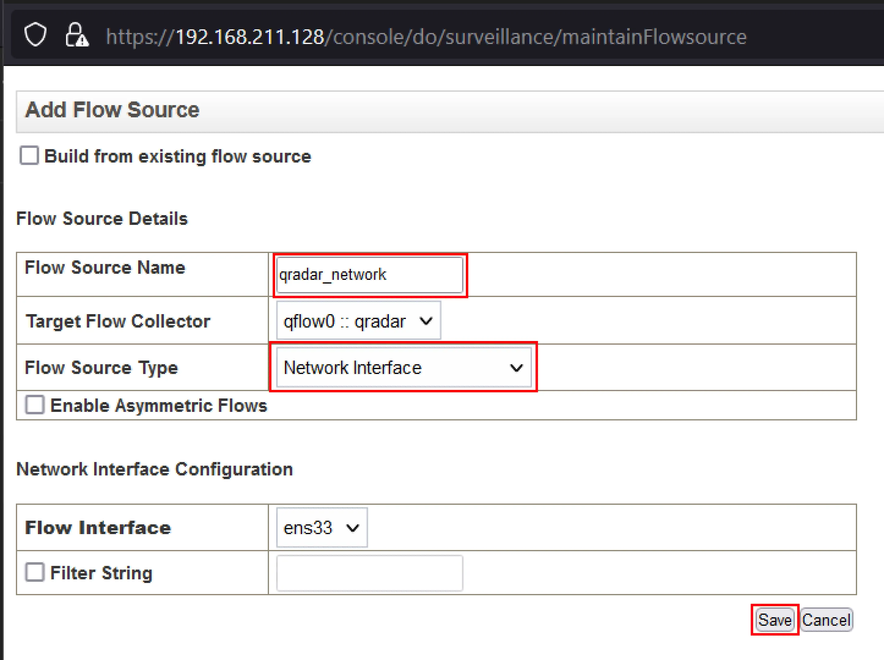 Set the Flow Source Name to qradar_network and set the Flow Source Type to Network Interface and click Save