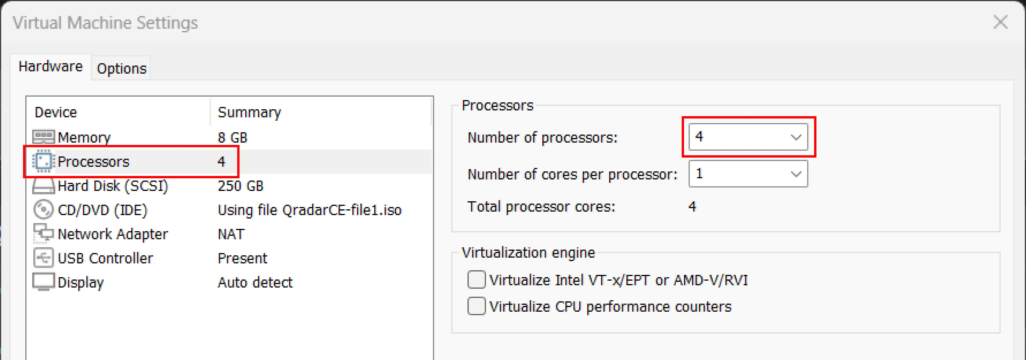 Set the Processors to 2 cores (minimum) or 6 cores (recommended)